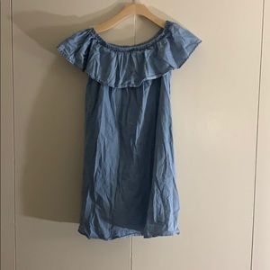 denim ruffled off the shoulder dress.